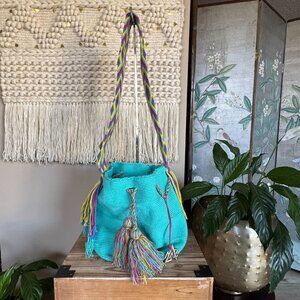 Wayuu Mochilla Teal Multi Color Woven Shoulder Soft Large Tassel Tie Bucket Bag
